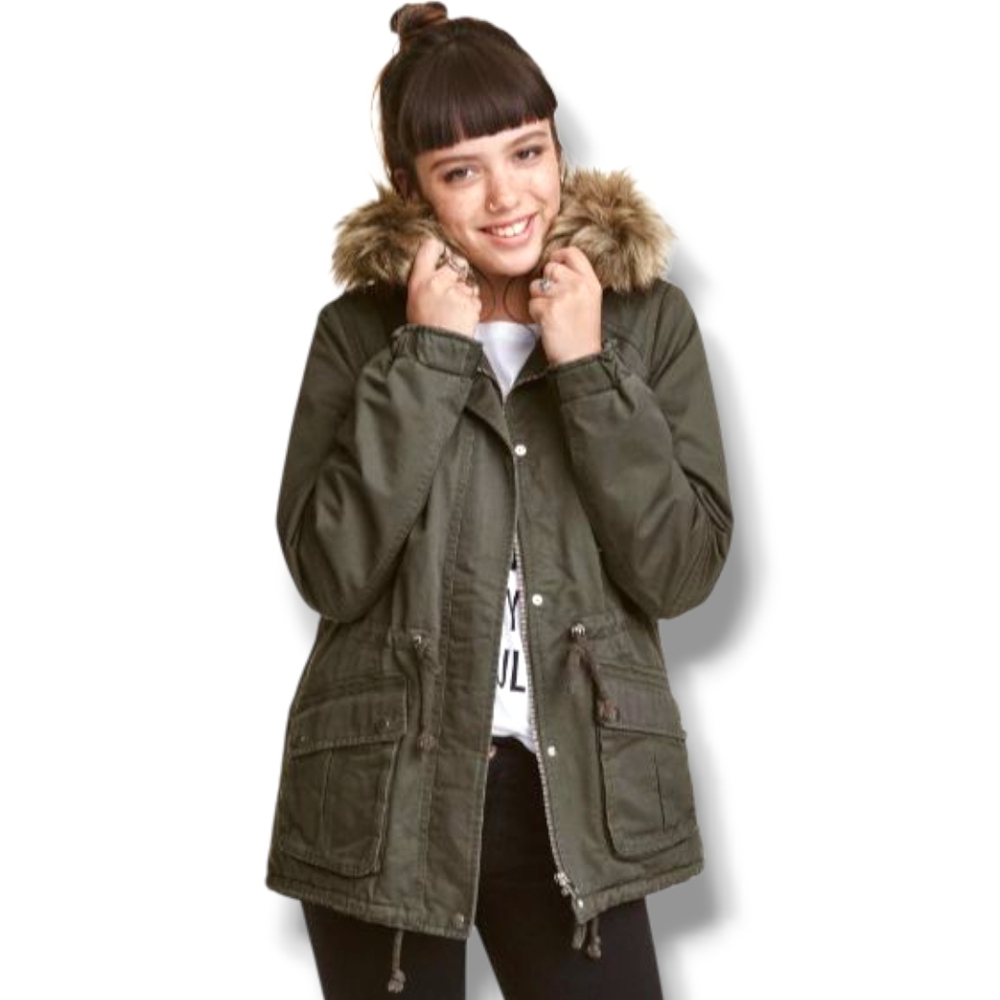 H&M Divided Army Green Faux Fur Parka Size 4 - Picture 3 of 14